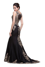 Black Crew Sweep-length Appliqued Mermaid Prom Dresses