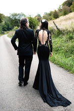 Black Long Sleeves Mermaid Wedding Dress with Sweep Train