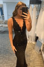 Black Mermaid Prom Dresses Open Back V Neck With Rhinestone GJS737