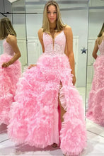 Joyce| Black Plunge V Spaghetti Strap Ruffle Tiered Long Gown