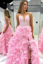 Joyce| Black Plunge V Spaghetti Strap Ruffle Tiered Long Gown