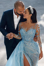 Modest Long Mermaid Sweetheart Sparkle Front Slit Prom Dress with Sleeves