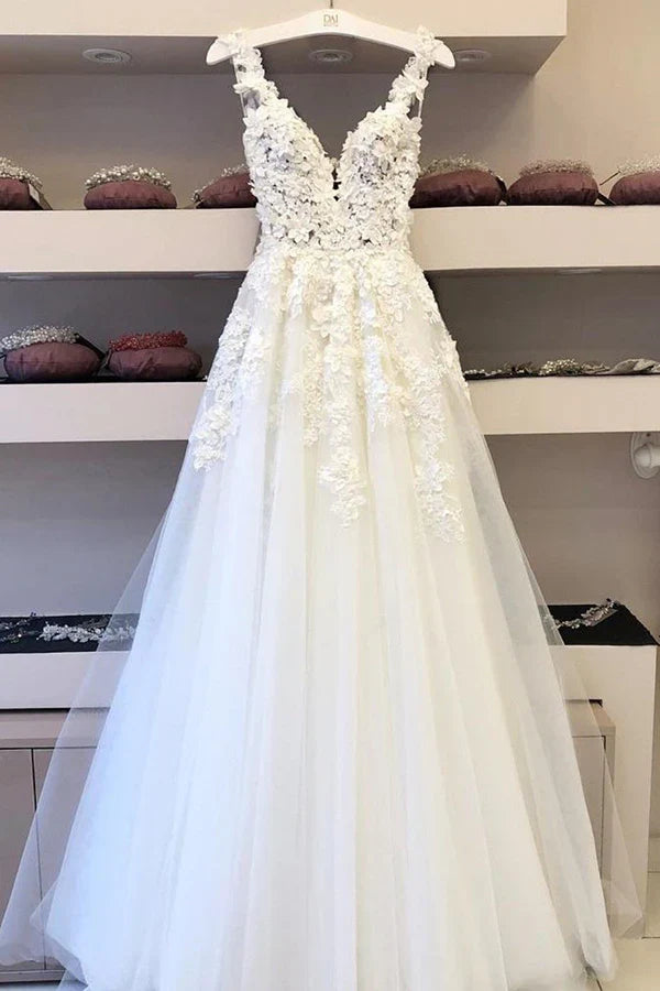 A-line V-neck Long Wedding Dresses Bridal Gowns with Appliques