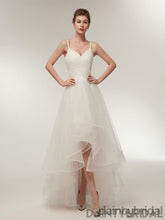 Copy of Copy of Popular white v-neck spaghetti strap lace up back tulle pretty wedding dress .DB0097