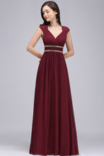 Burgundy Chiffon Sheath V Neck Long Evening Dresses