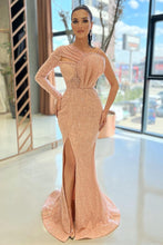 Long Sleeves Mermaid One Shoulder Sequins Prom Dress with Slit