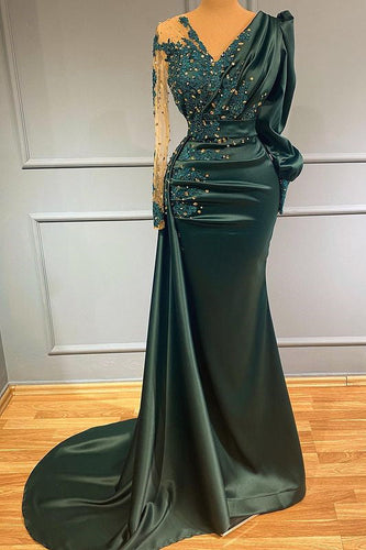 Dark Green Long Sleeves Mermaid V-Neck Satin Beadings Evening Prom Dress