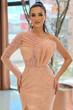 Long Sleeves Mermaid One Shoulder Sequins Prom Dress with Slit