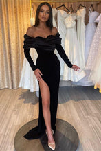 Strapless Sleek Black Mermaid Prom Dress with Long Sleeves and Stylish Slit