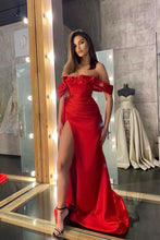 Classic Red Off The Shoulder Ruffles Long Mermaid Prom Dress With Slit