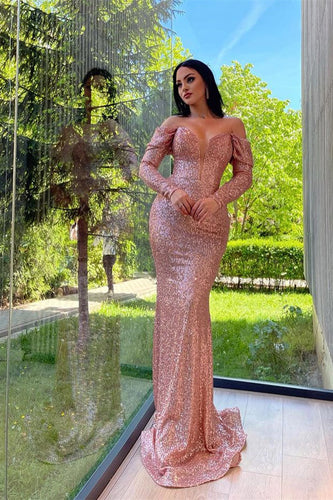 Pink V-Neck Long Sleeves Mermaid Prom Dress with Sequins