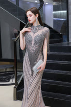 Cap Sleeves High Neck Sparkly Beads Floor-Length Mermaid Evening Party Gown