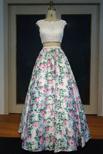 Cap Sleeves Lace Top A-line Two-piece Printed Flowers Prom Dresses