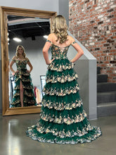 Capri | Green Crystal Sequins Princess A Line Off the Shoulder Prom Dress with Lace Ruffles