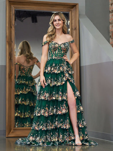 Capri | Green Crystal Sequins Princess A Line Off the Shoulder Prom Dress with Lace Ruffles