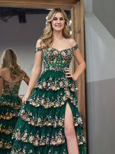 Capri | Green Crystal Sequins Princess A Line Off the Shoulder Prom Dress with Lace Ruffles