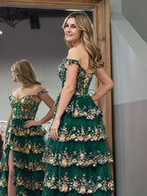 Capri | Green Crystal Sequins Princess A Line Off the Shoulder Prom Dress with Lace Ruffles