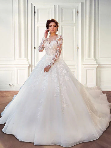 Engagement Formal Wedding Dresses Court Train Ball Gown Long Sleeve Illusion Neck Lace With Lace Appliques