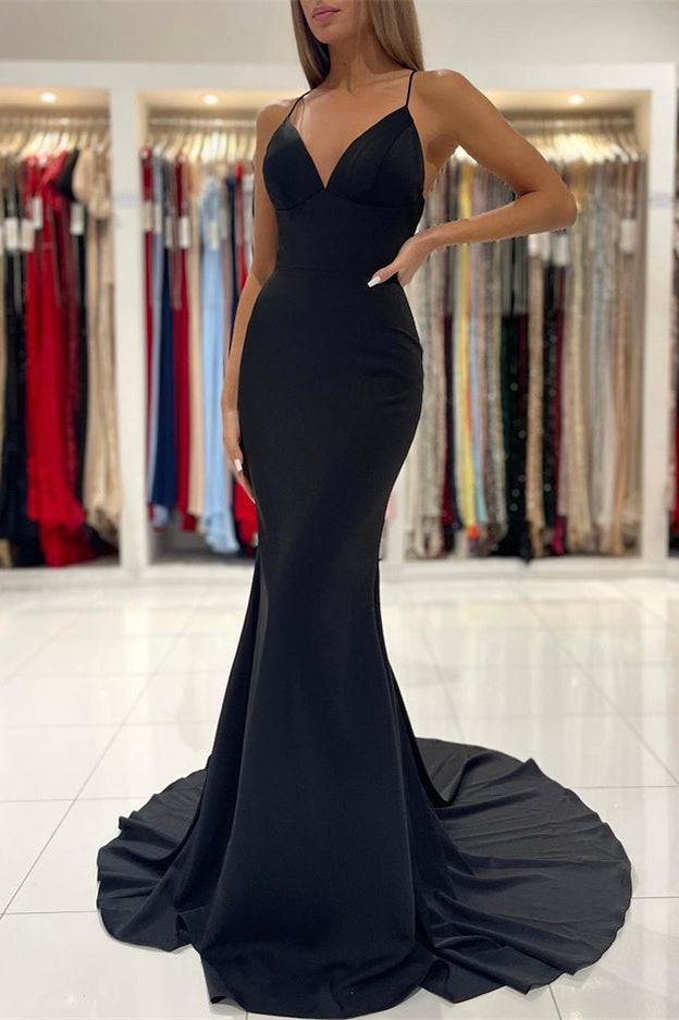 Sleek Black Charmeuse Long Mermaid Prom Gown with Spaghetti Straps