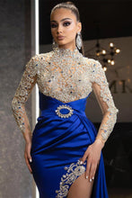 Long Sleeve Royal Blue Elegance Prom Dress with Beaded Details and Ruffled Split