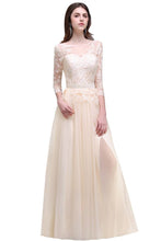 Champagne Scoop A-line Lace Appliques Prom Dress