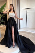 Charming A-Line Satin Square Sleeveless Black Prom Dresses With Split