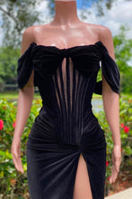 Charming Black Velvet Off-The-Shoulder Mermaid Sleeveless Prom Dress With Slit