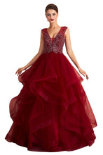 Charming Burgundy Sleeveless Party Dress Aline Puffy Tulle Evenign Dress with Sequins