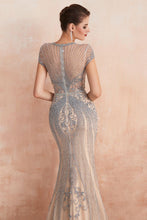 Charming Cap Sleeve Beading Mermaid Prom Dress Crew Neck Evening Party Gown