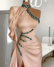 Charming Long One Shoulder Beading Long Sleeve Split Prom Dress With Train