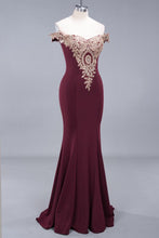 Charming Off-The-Shoulder Mermaid Gold Appliques Prom Dress Slim Floor-Length Evening Gown