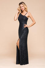 Charming One Shoulder Glitter Sequins Evening Prom Dress Side Split Party Gown