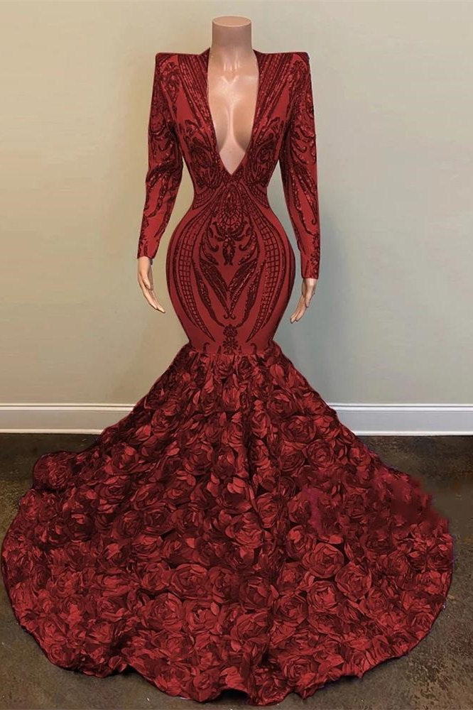 Charming Red V-neck Long Sleeve Floor-length Sequins Flowers Mermaid Prom Dresses