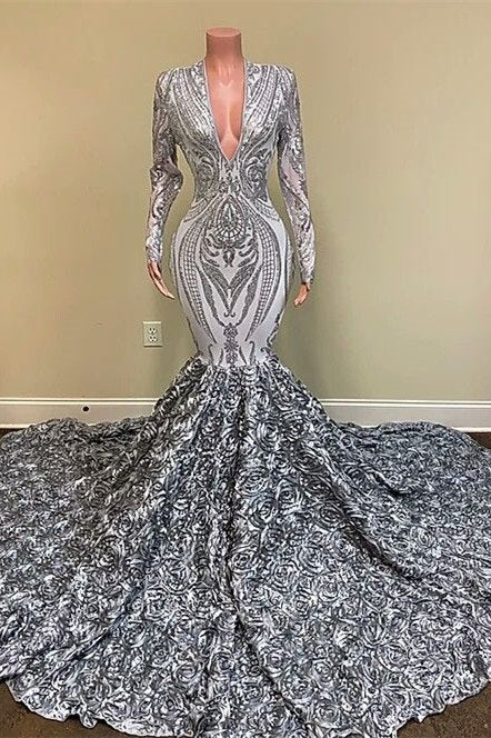 Charming Silver V-neck Long Sleeve Flowers Floor-length Mermaid Prom Dresses