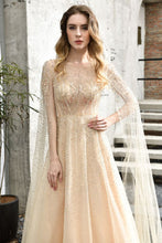 Charming Tulle Floor Length Evening Party Dress Sparkly Beads Prom Dress with Back Cape