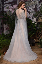 Charming Tulle Floor Length Evening Party Dress Sparkly Beads Prom Dress with Back Cape