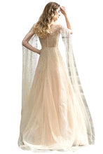Charming Tulle Floor Length Evening Party Dress Sparkly Beads Prom Dress with Back Cape