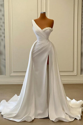 Charming White Long Mermaid One Shoulder Satin Beading Formal Prom Dresses