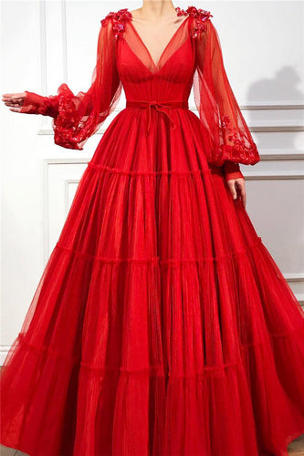 Chic Long A-line V-neck Tulle Red Prom Dress with Sleeves
