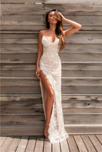 Chic Long Column Straps Lace Backless Prom Dress with Slit