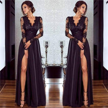 Chic Long Sleeves A-line V-neck Chiffon Lace Prom Dress with Slit