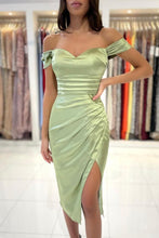 Sage Short Mermaid Off the Shoulder Satin Prom Dresses with Slit