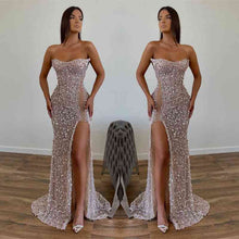 Chic Sequined Floor Length Strapless A-line Prom Dress with Front Slit