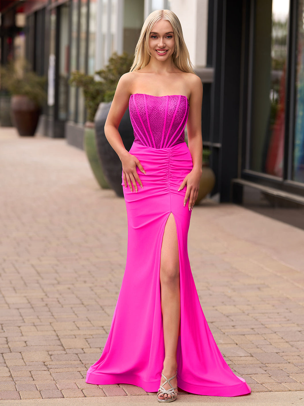 Arana| Fuchsia Mermaid Strapless Satin Long Prom Dresses With Beading