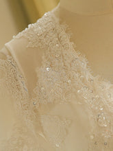 Hall Sparkle & Shine Wedding Dresses Court Train A-Line Long Sleeve Illusion Neck Satin With Buttons Ruched