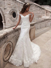 Engagement Open Back Formal Wedding Dresses Court Train Mermaid / Trumpet Cap Sleeve Off Shoulder Lace With Appliques