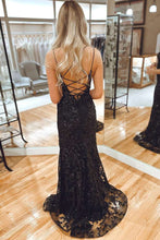 Cosmic | Black Lace Applique High Slit Criss Cross Back Mermaid Prom Dress