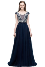 Crystal Beading Tulle A-line Floor Length Cap Sleeves Prom Dresses with Sash
