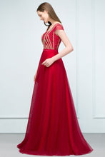 Crystal Beading Tulle A-line Floor Length Cap Sleeves Prom Dresses with Sash