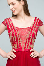 Crystal Beading Tulle A-line Floor Length Cap Sleeves Prom Dresses with Sash